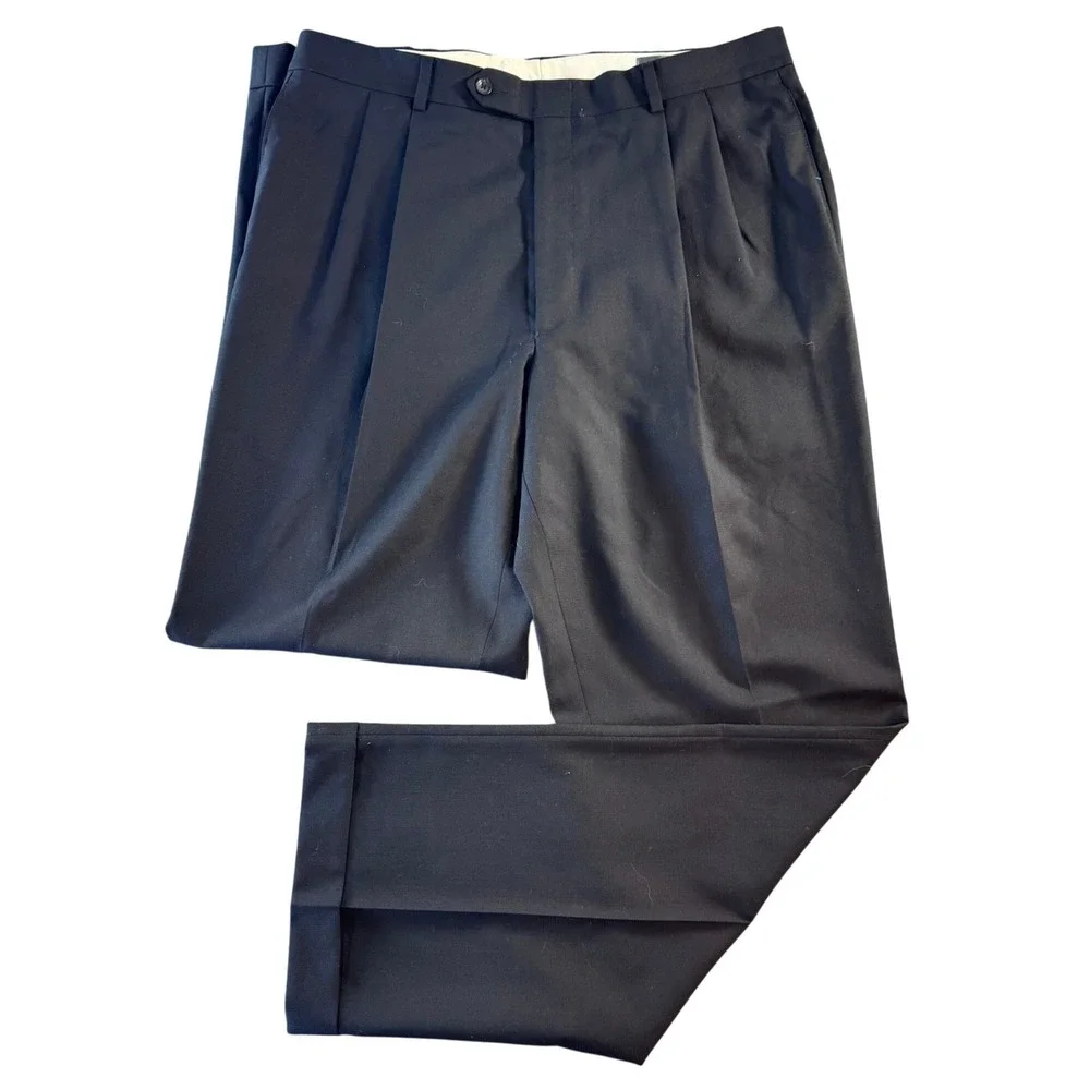 Oscar de la Renta Mens Black 100% Wool‎ Pleated Cuffed Dress Pants 36W 32L J177